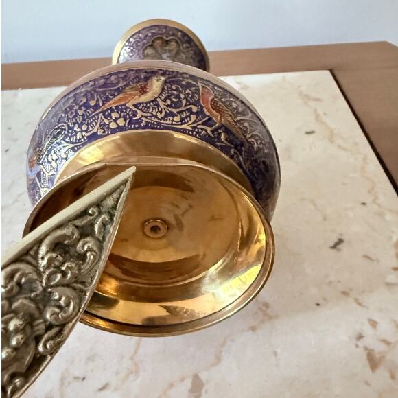 Vintage Indian Brass Vase Hand Etched Peacock Floral Design Meenakari Enamel 7” - Picture 6 of 7